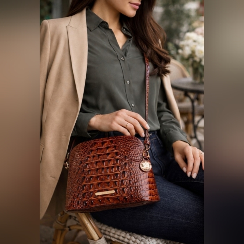 Brahmin Medium Duxbury Crossbody Pecan Brown Croc Embossed Leather Bag